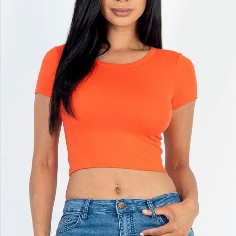 Women Orange Casual Basic Cap Sleeve Slim Fitted Round Neck Crop Tee